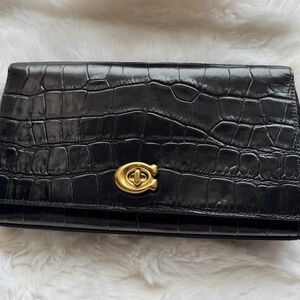Coach croc embossed black clutch bag